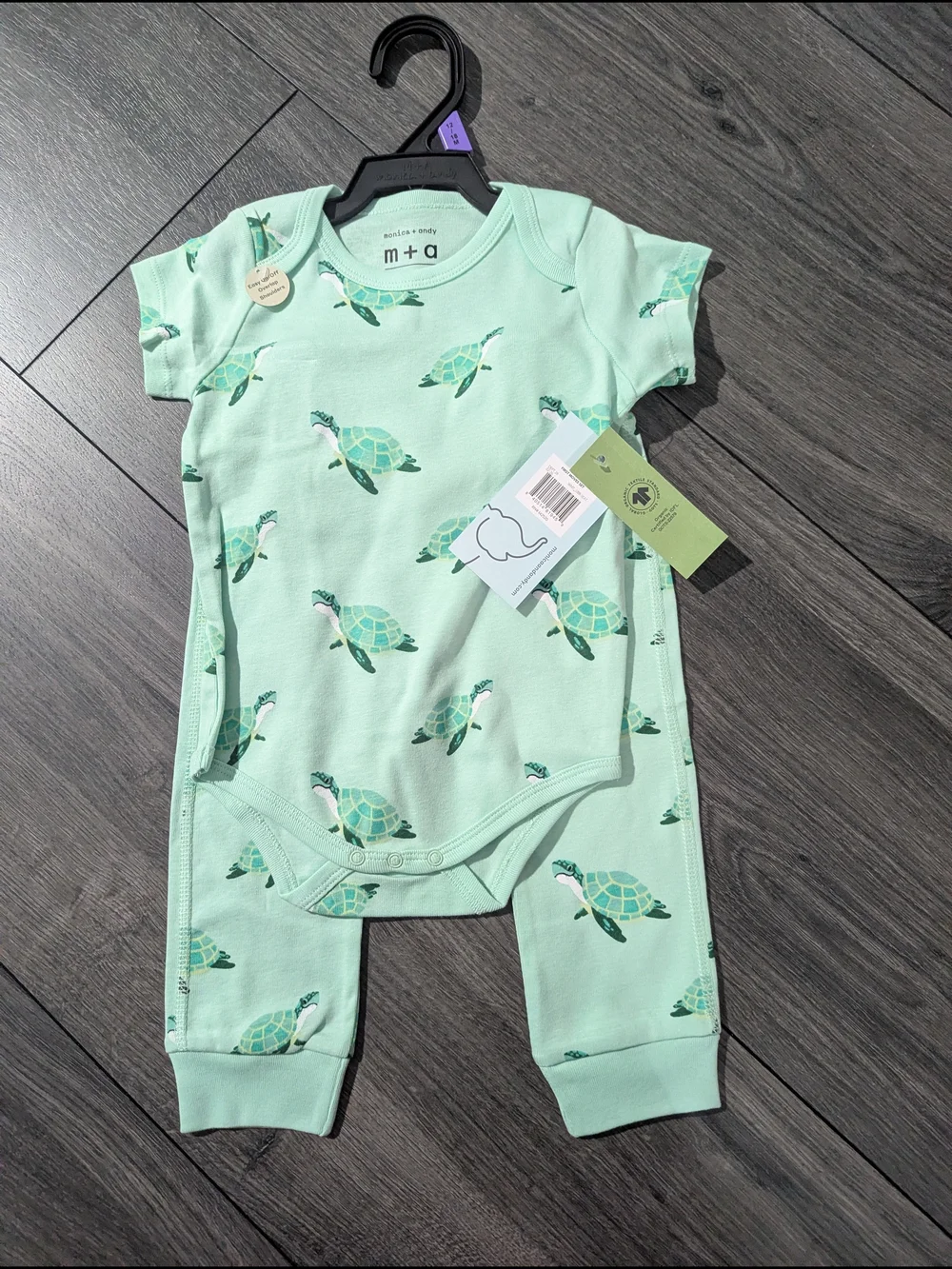 M+O Mint Green GOTS Certified Organic Cotton Turtle Bodysuit & Pants Set
